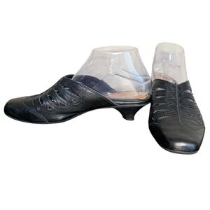 Nurture Black Mules‎ Excellent Laser Cut Leather Kitten Heel Womens 8.5M
